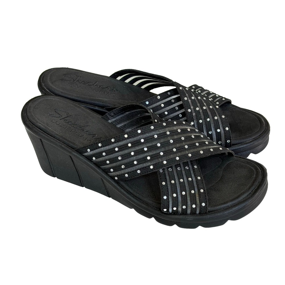 Skechers Luxe Women's 9 Wedge Sandal Black Rhinestone Slip On Shoes